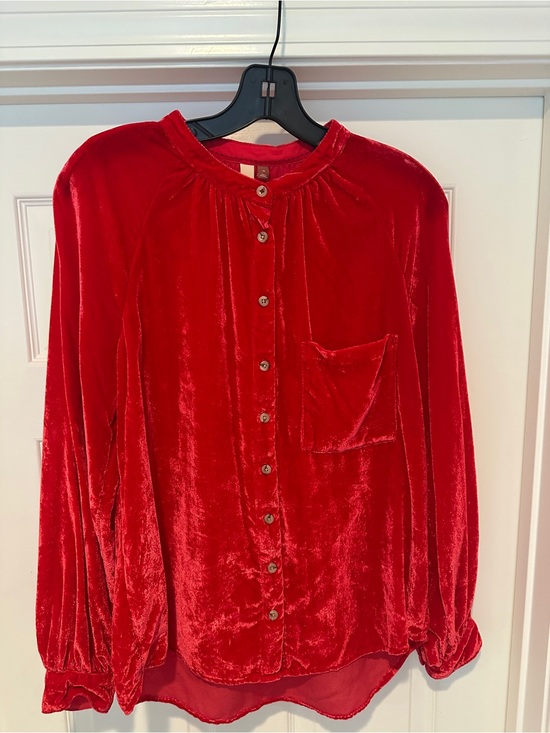 Pilcro Tops - Pilcro Anthropologie Holiday Ready Red Velvet Button-Down Blouse